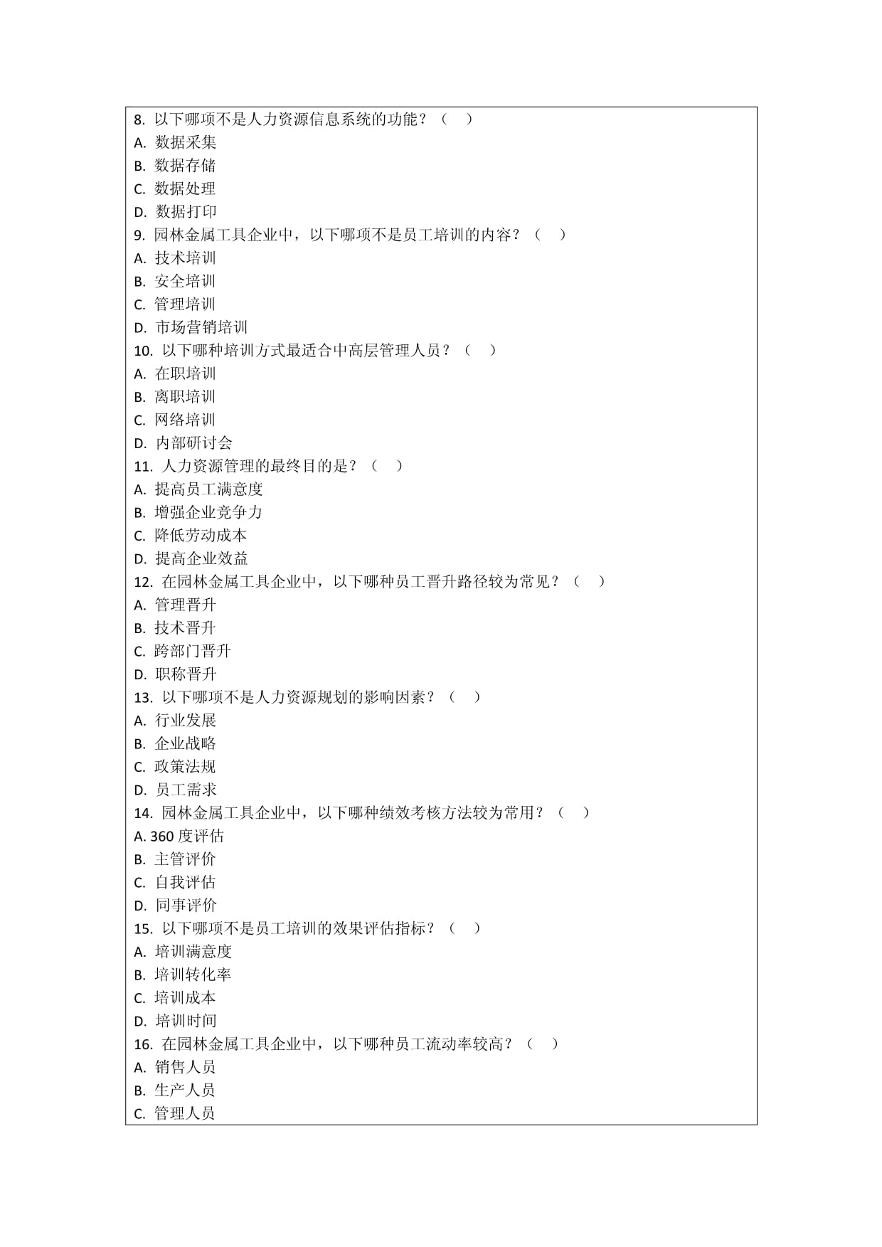 园林金属工具企业人力资源管理与培训考核试卷_第2页