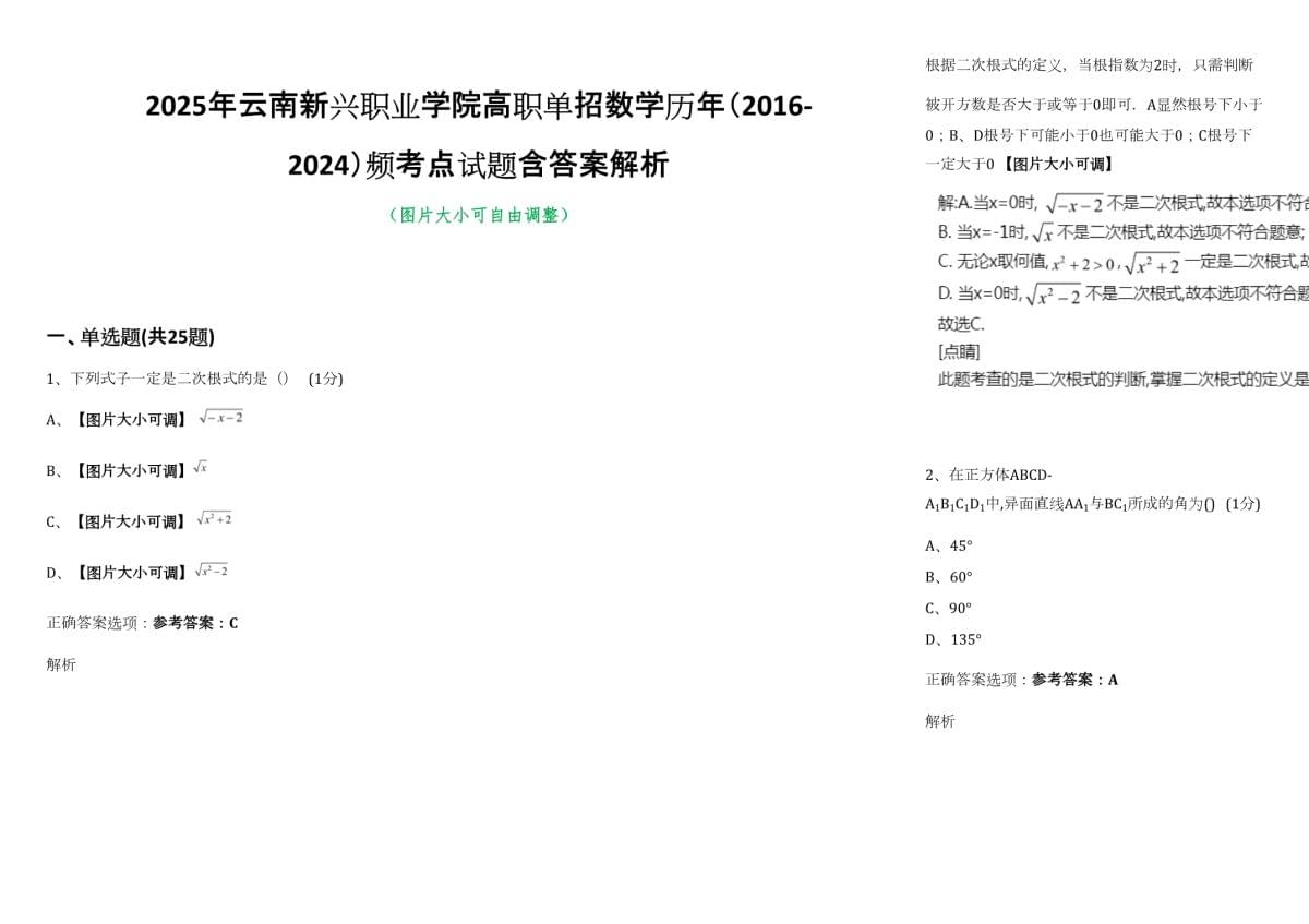 2025年云南新興職業(yè)學院高職單招數(shù)學歷年（2016-2024）頻考點試題含答案解析_第1頁