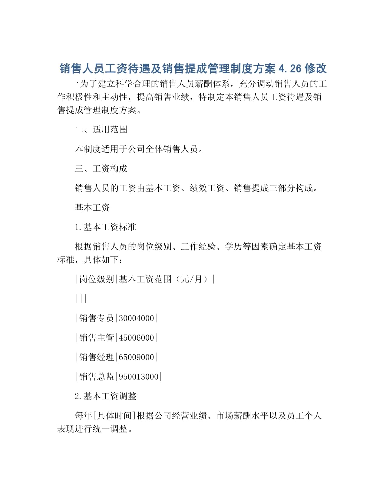 銷售人員工資待遇及銷售提成管理制度方案4.26修改_第1頁(yè)