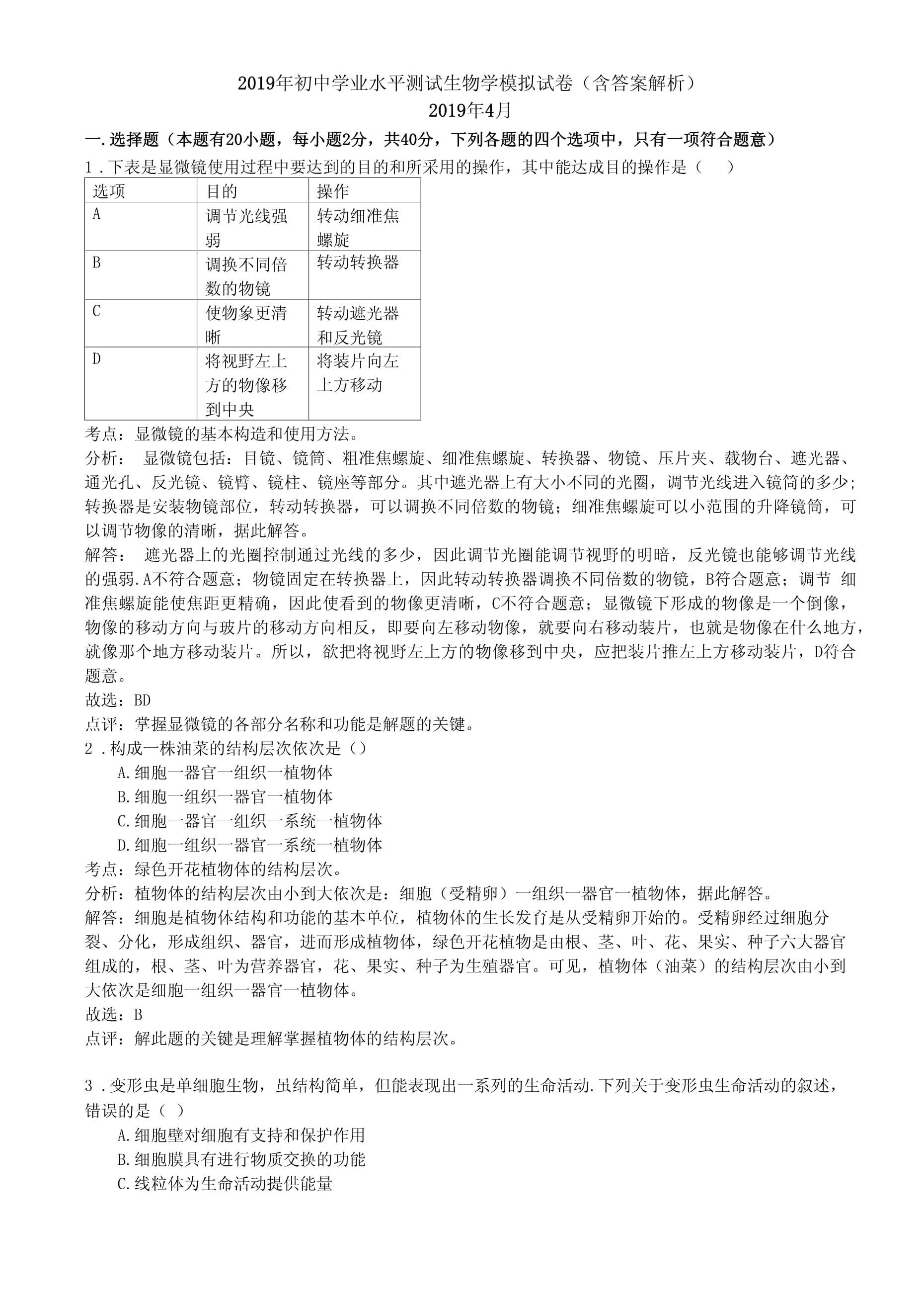 2019年初中学业水平测试生物学模拟试卷_第1页